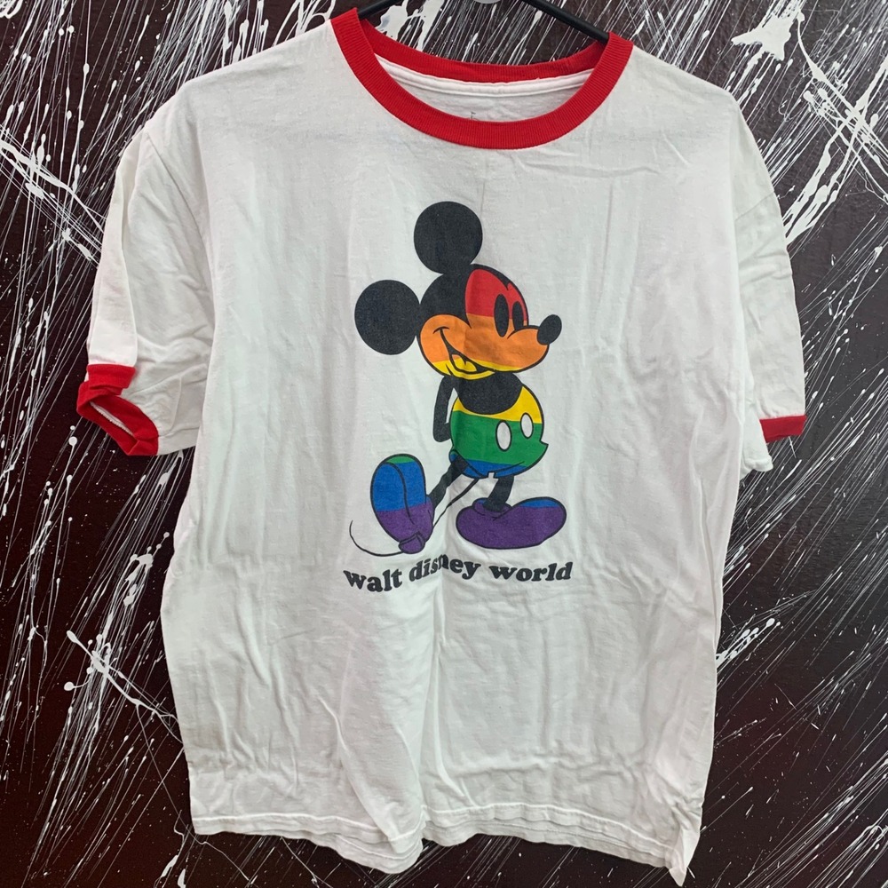 Disney Parks Mickey Mouse Rainbow Ringer T-Shirt White Red Walt Disney World L
